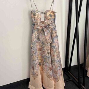 Zimmermann Floral Corset Midi Dress Tie Waist Spaghetti Strap Pastel NWT
